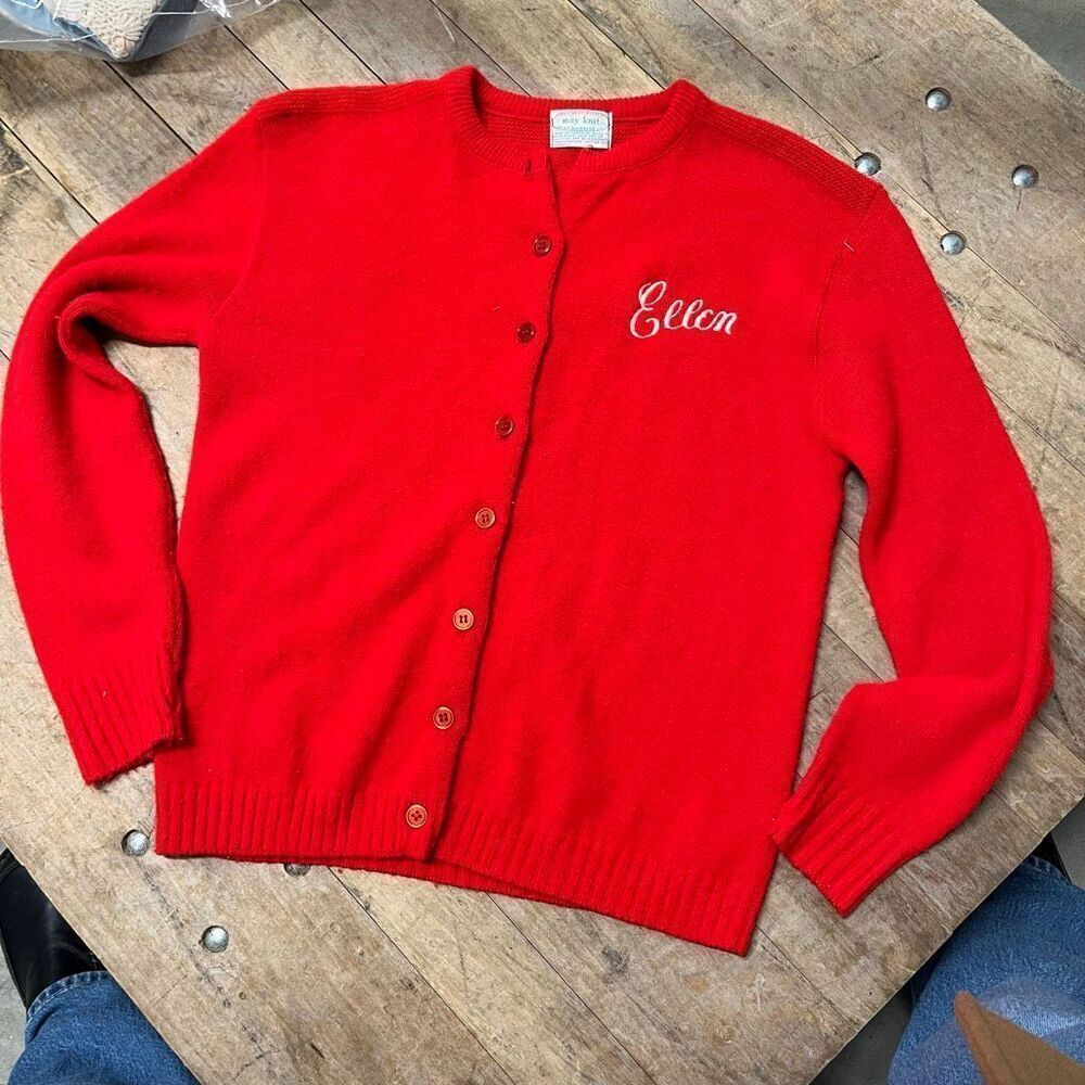 VTG 1950s Red Name Cardigan Sweater Embroidered Ellen Mid Century